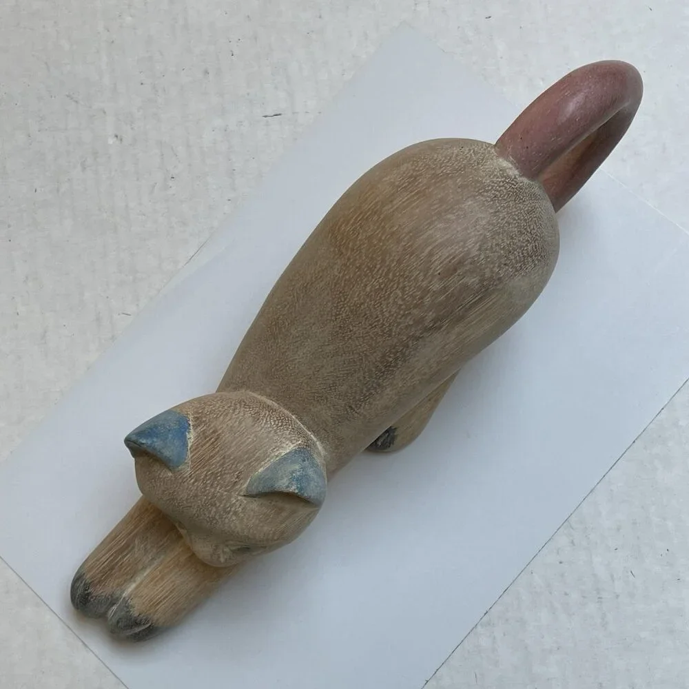 Hand Carved Wooden Stretching Cat Kitten Kitty Home Decor Multicolor Animal
